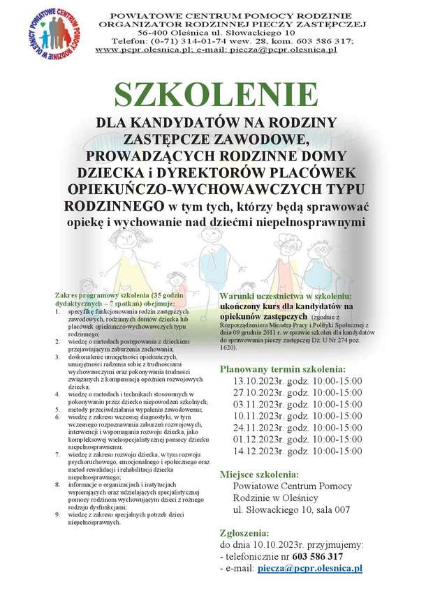 Plakat promujący szkolenie dla rodziców zastępczych